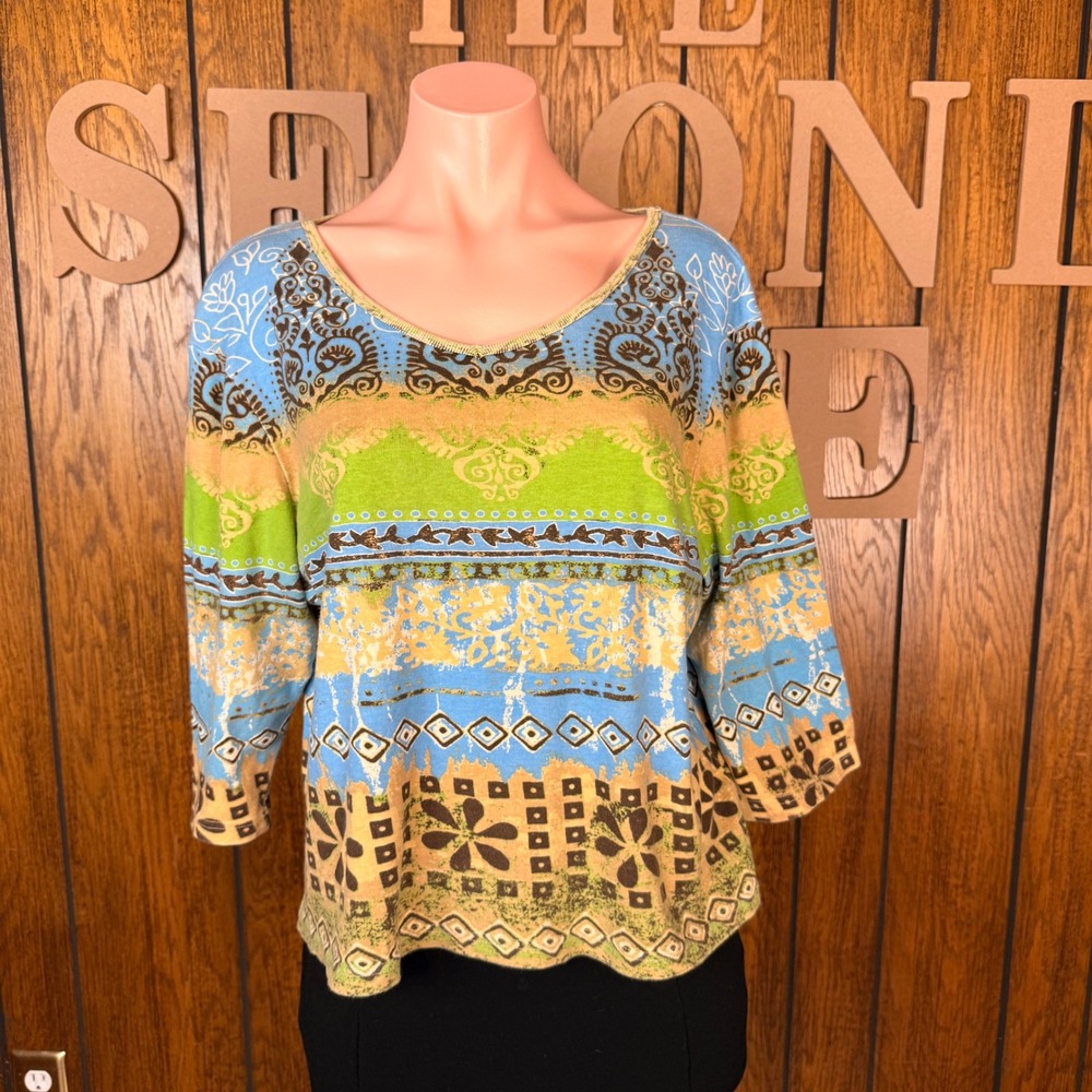 Knit de Knit Top Women XL Blue Green Boho Folk Hippie Fairycore V-Neck Shirt